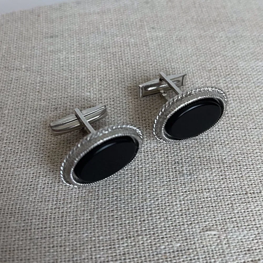 Vintage Classic Silver Black Tone Oval Cuff Links